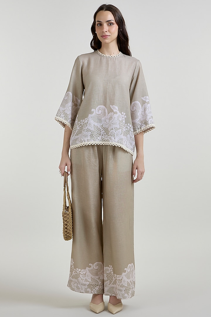 Khaki Beige Linen Blend Lace Printed Co-Ord Set by Sobariko at Pernia's Pop Up Shop