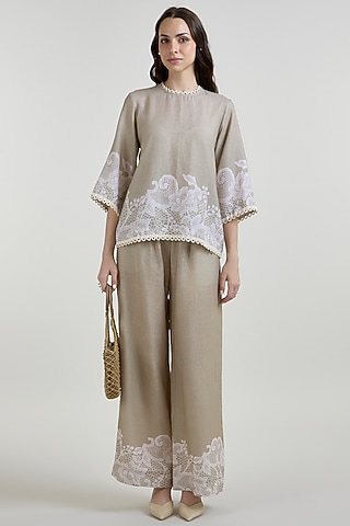 Khaki Beige Linen Blend Lace Printed Co-Ord Set by Sobariko