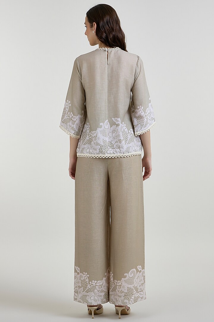Khaki Beige Linen Blend Lace Printed Co-Ord Set by Sobariko at Pernia's Pop Up Shop