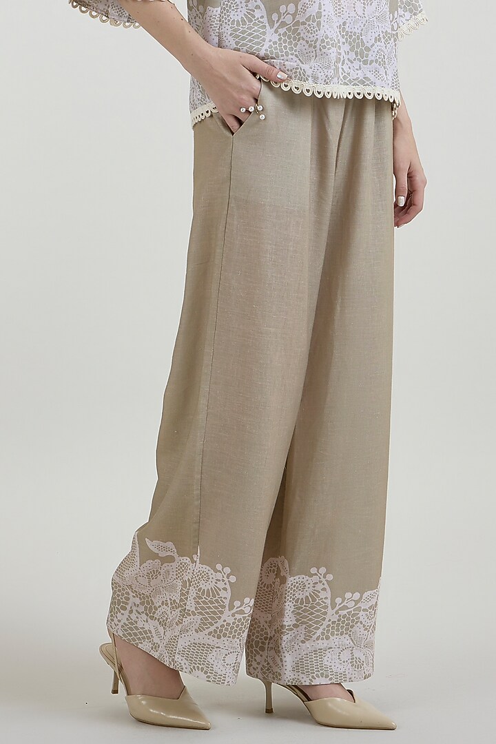 Khaki Beige Linen Blend Lace Printed Co-Ord Set by Sobariko at Pernia's Pop Up Shop