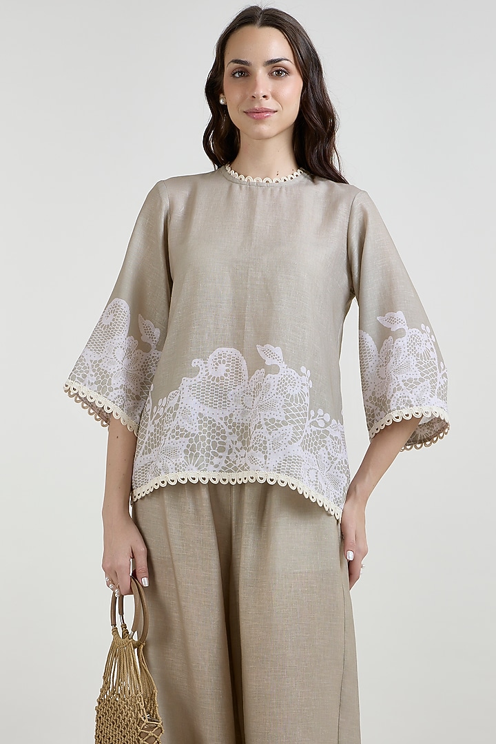 Khaki Beige Linen Blend Lace Printed Co-Ord Set by Sobariko at Pernia's Pop Up Shop