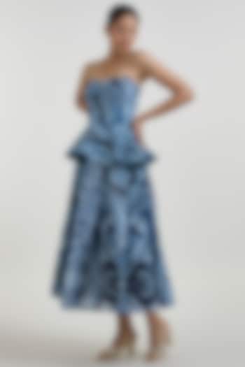 Blue Linen Blend Marble Printed Midi Skirt Set by Sobariko at Pernia's Pop Up Shop
