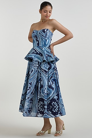 Blue Linen Blend Marble Printed Midi Skirt Set by Sobariko