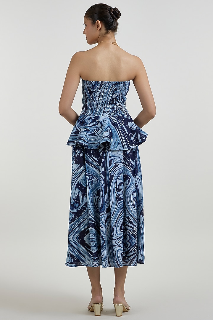 Blue Linen Blend Marble Printed Midi Skirt Set by Sobariko at Pernia's Pop Up Shop