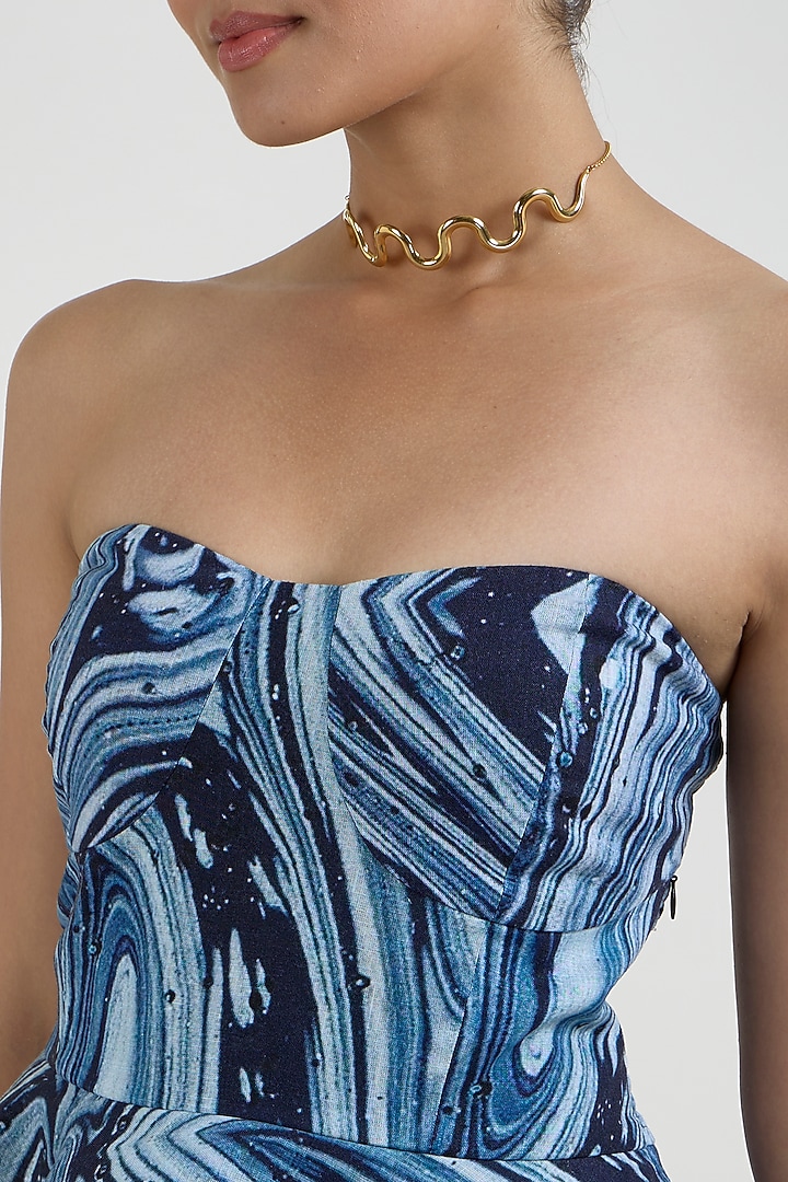 Blue Linen Blend Marble Printed Midi Skirt Set by Sobariko at Pernia's Pop Up Shop