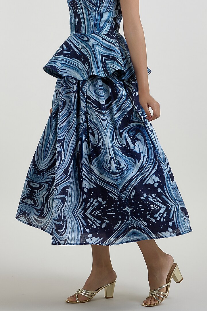 Blue Linen Blend Marble Printed Midi Skirt Set by Sobariko at Pernia's Pop Up Shop