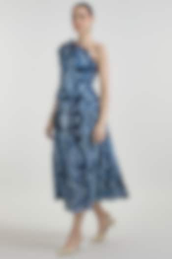 Blue Linen Blend Marble Printed Midi Skirt Set by Sobariko at Pernia's Pop Up Shop