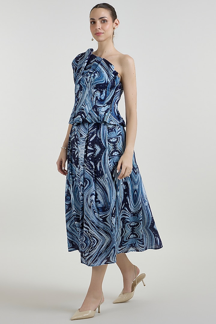 Blue Linen Blend Marble Printed Midi Skirt Set by Sobariko at Pernia's Pop Up Shop