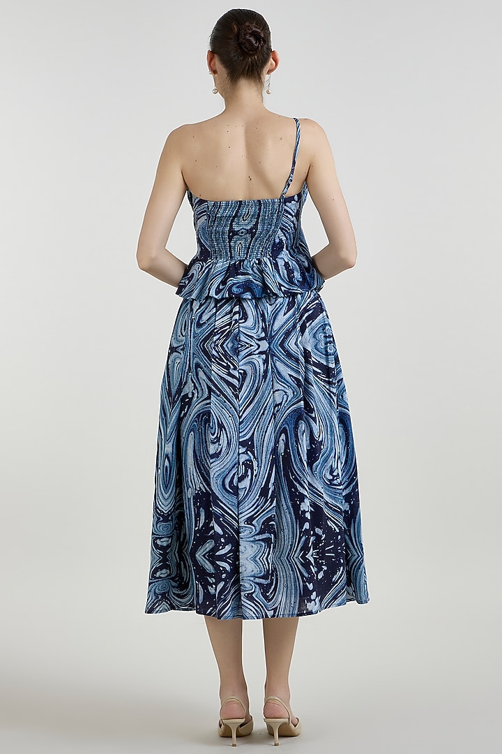 Blue Linen Blend Marble Printed Midi Skirt Set by Sobariko at Pernia's Pop Up Shop