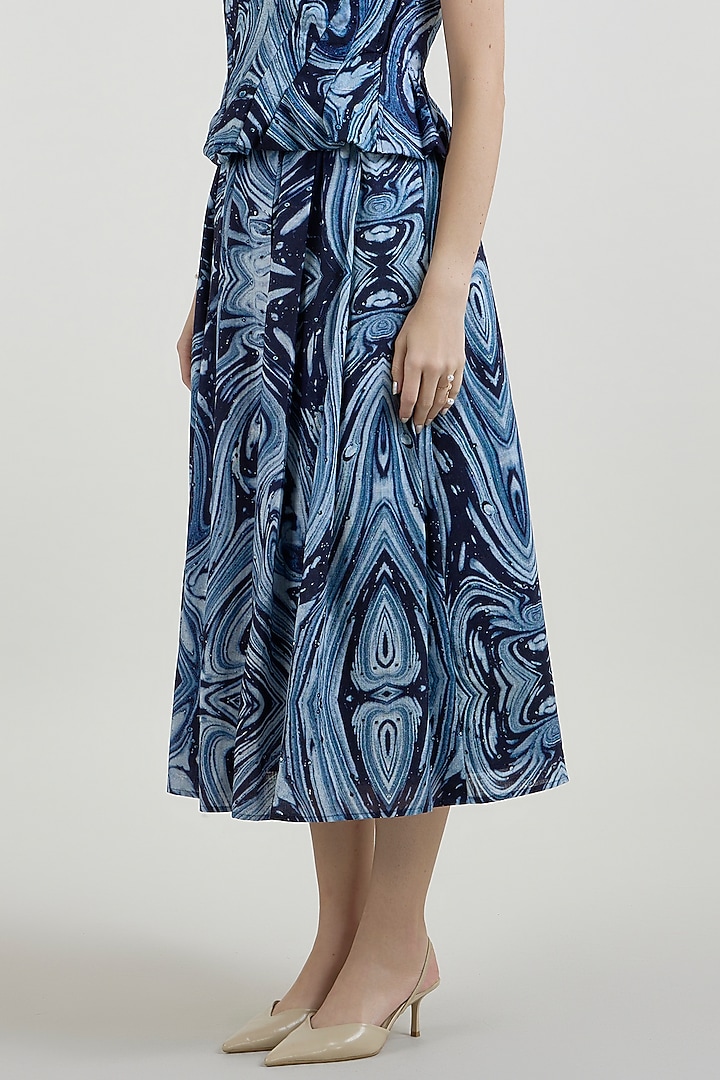 Blue Linen Blend Marble Printed Midi Skirt Set by Sobariko at Pernia's Pop Up Shop