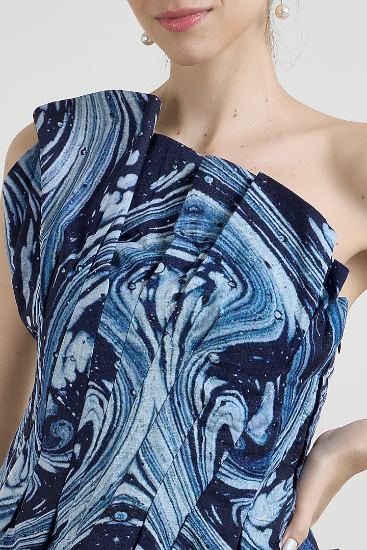 Blue Linen Blend Marble Printed Midi Skirt Set by Sobariko at Pernia's Pop Up Shop