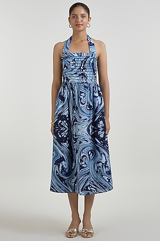 Blue Linen Blend Marble Printed Dress by Sobariko