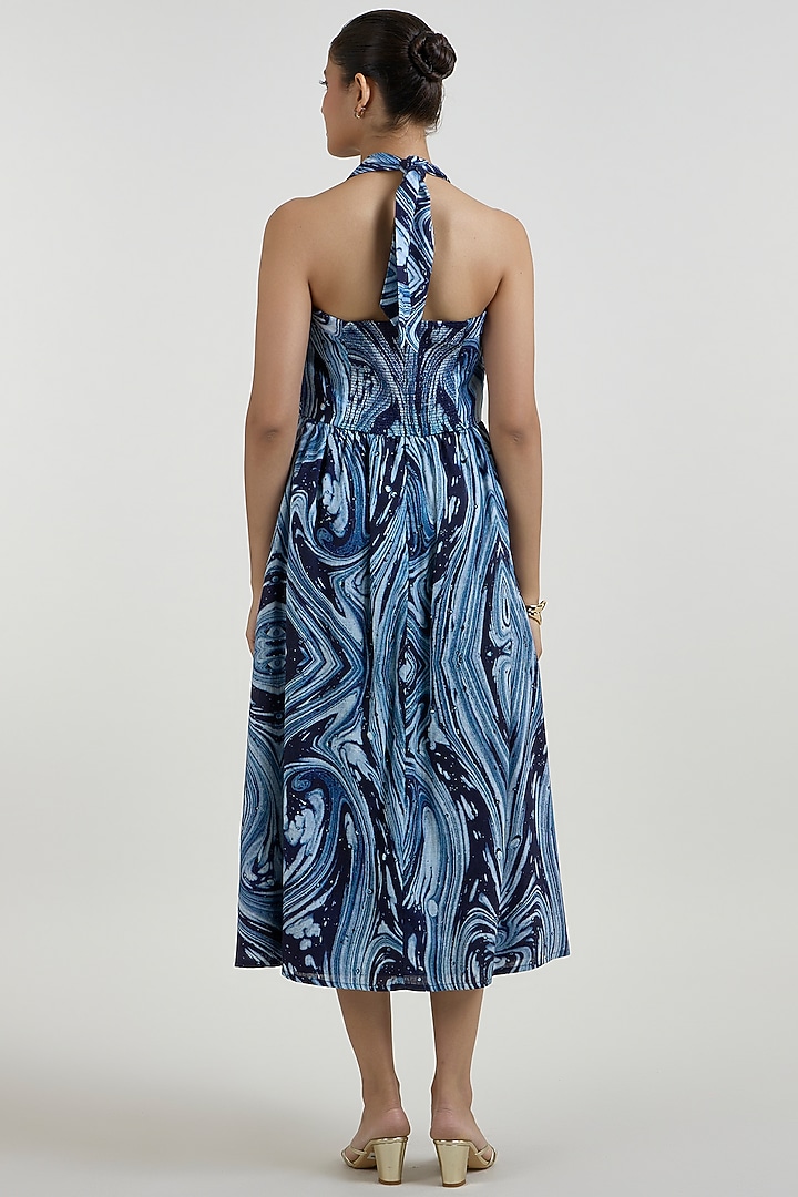 Blue Linen Blend Marble Printed Summer Dress by Sobariko at Pernia's Pop Up Shop
