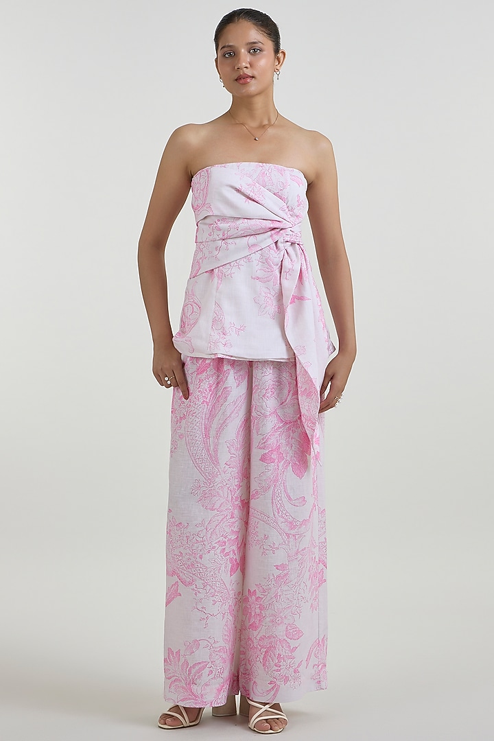 Pink & Ivory Linen Blend Toile Printed Pant Set by Sobariko at Pernia's Pop Up Shop