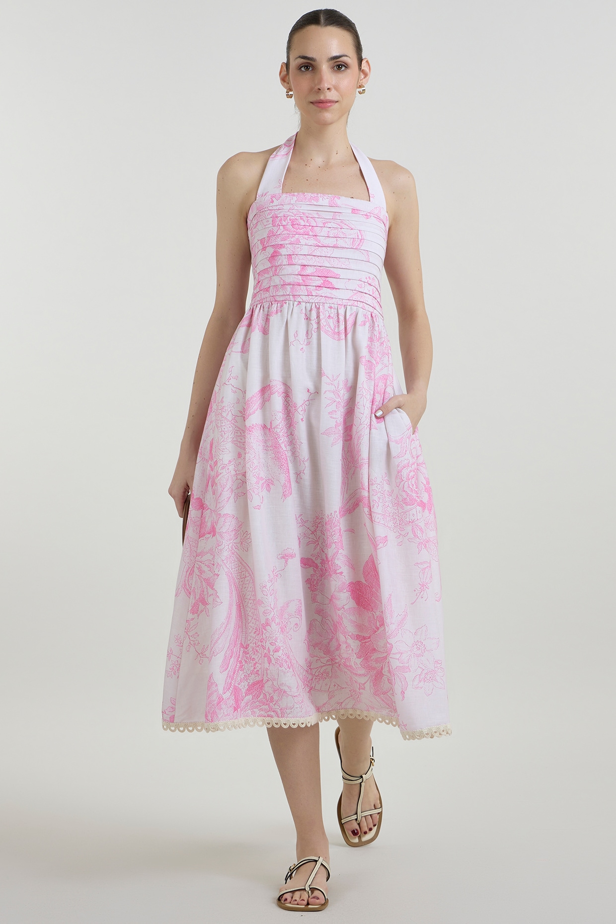 Sobariko Pink & Ivory Linen Blend Toile Printed Halter Dress
