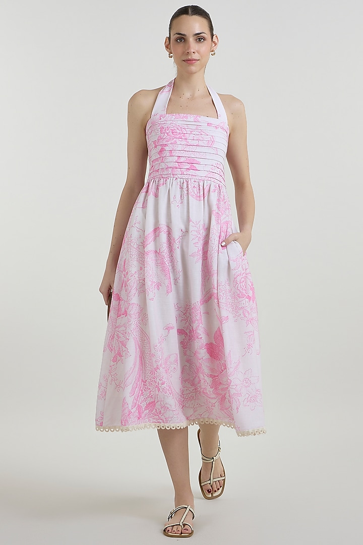 Pink & Ivory Linen Blend Toile Printed Halter Summer Dress by Sobariko at Pernia's Pop Up Shop