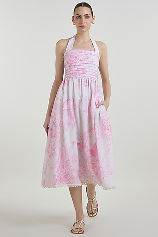 Pink & Ivory Linen Blend Toile Printed Halter Dress by Sobariko
