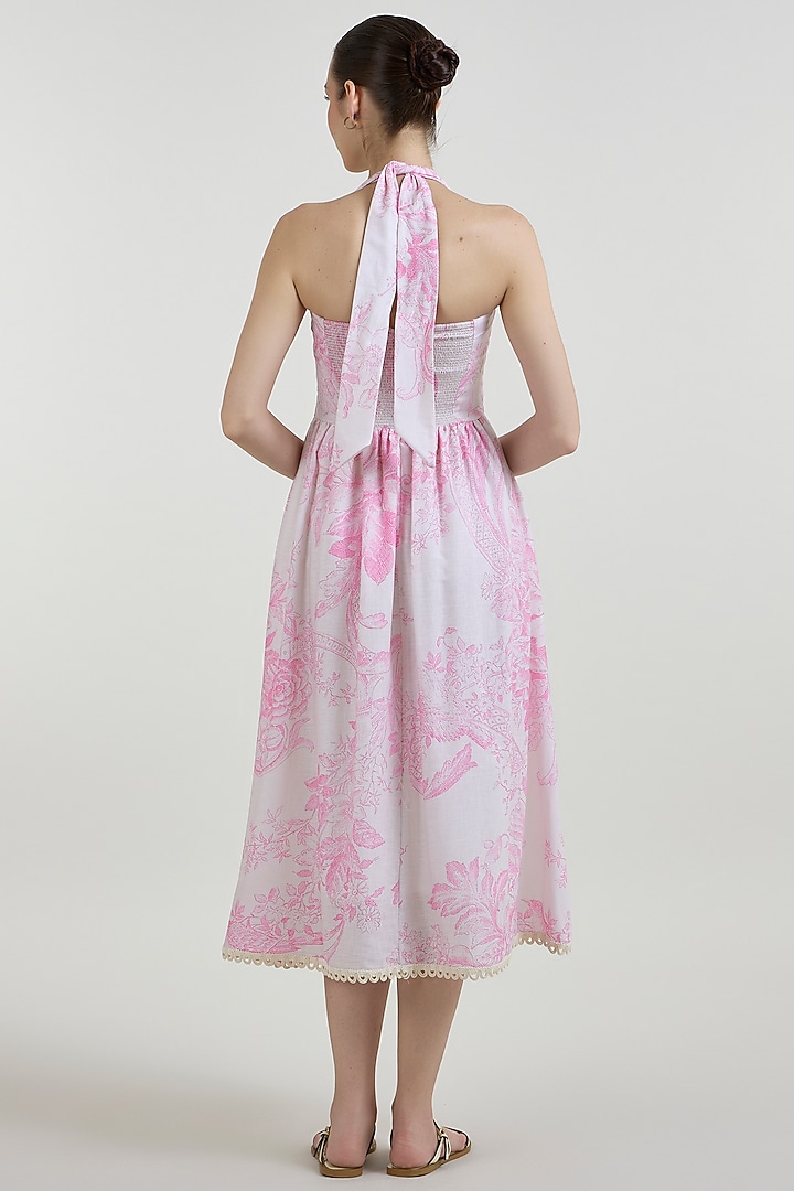 Pink & Ivory Linen Blend Toile Printed Halter Summer Dress by Sobariko at Pernia's Pop Up Shop