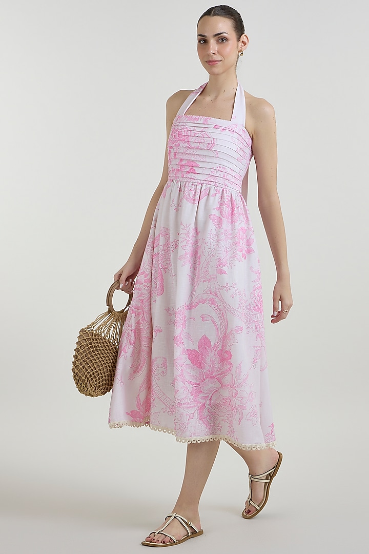 Pink & Ivory Linen Blend Toile Printed Halter Summer Dress by Sobariko at Pernia's Pop Up Shop