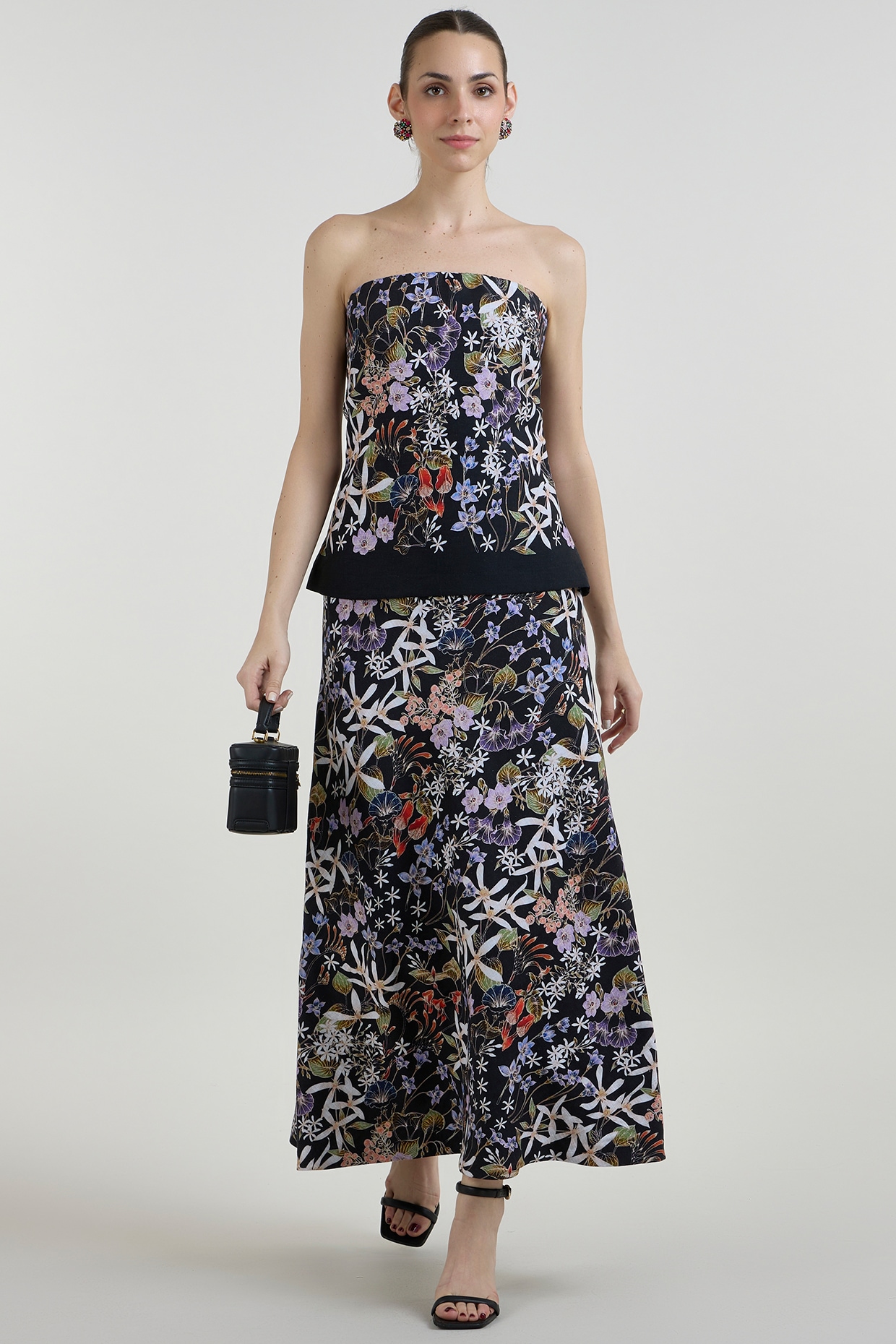 Sobariko Black Linen Blend Printed Strapless Layered Dress