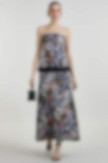 Black Linen Blend Printed Strapless Layered Vacation Dress by Sobariko at Pernia's Pop Up Shop