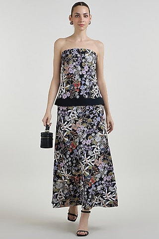 Black Linen Blend Printed Strapless Layered Dress by Sobariko