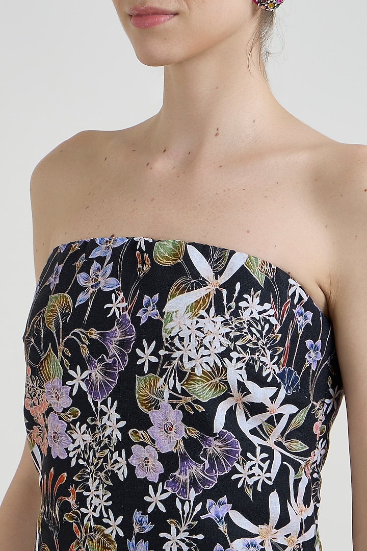 Black Linen Blend Printed Strapless Layered Vacation Dress by Sobariko at Pernia's Pop Up Shop