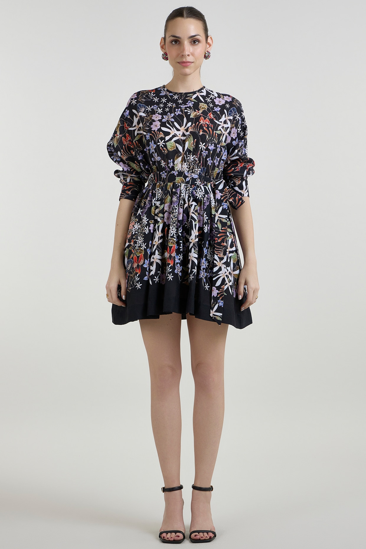 Sobariko Black Linen Blend Printed Mini Dress