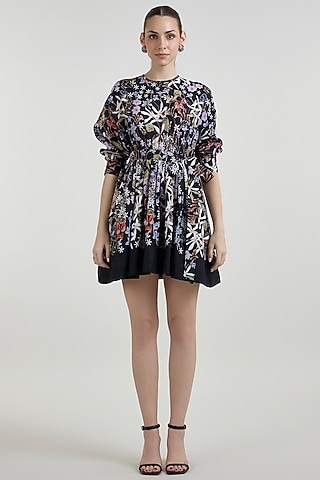 Black Linen Blend Printed Mini Dress by Sobariko