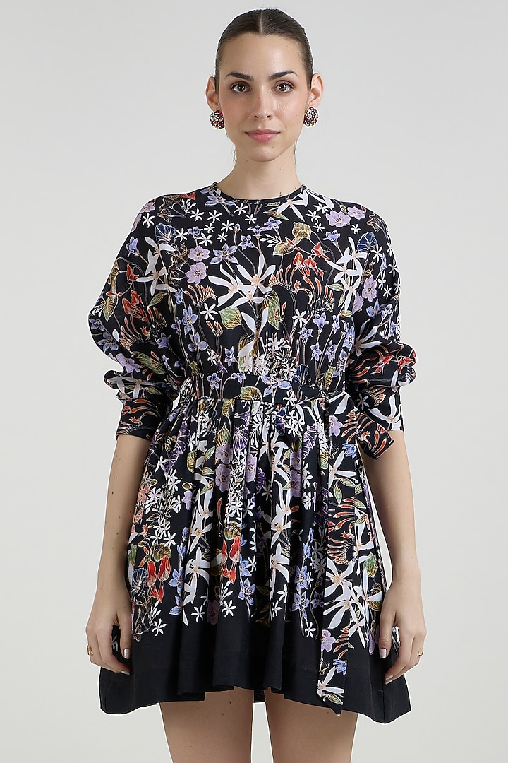 Black Linen Blend Printed Mini Summer Dress by Sobariko at Pernia's Pop Up Shop