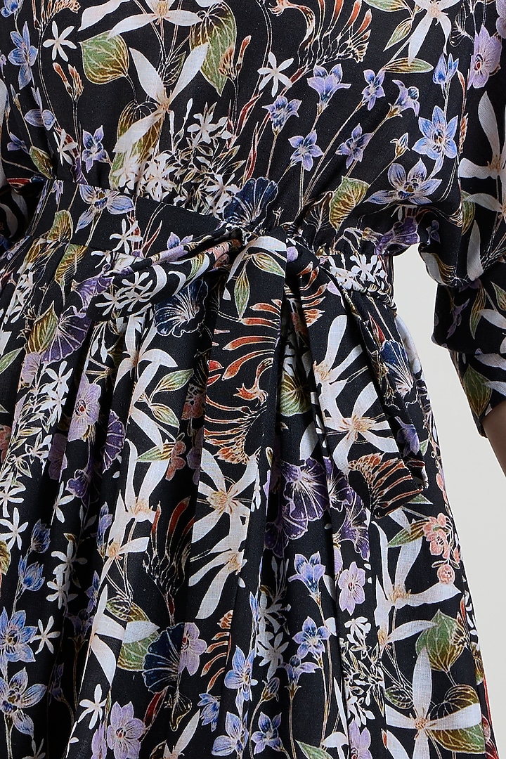 Black Linen Blend Printed Mini Summer Dress by Sobariko at Pernia's Pop Up Shop