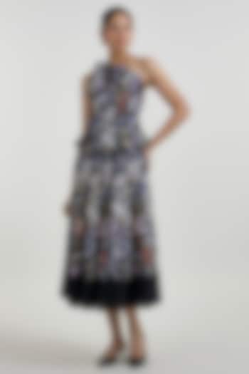 Black Linen Blend Printed Midi Skirt Set by Sobariko at Pernia's Pop Up Shop