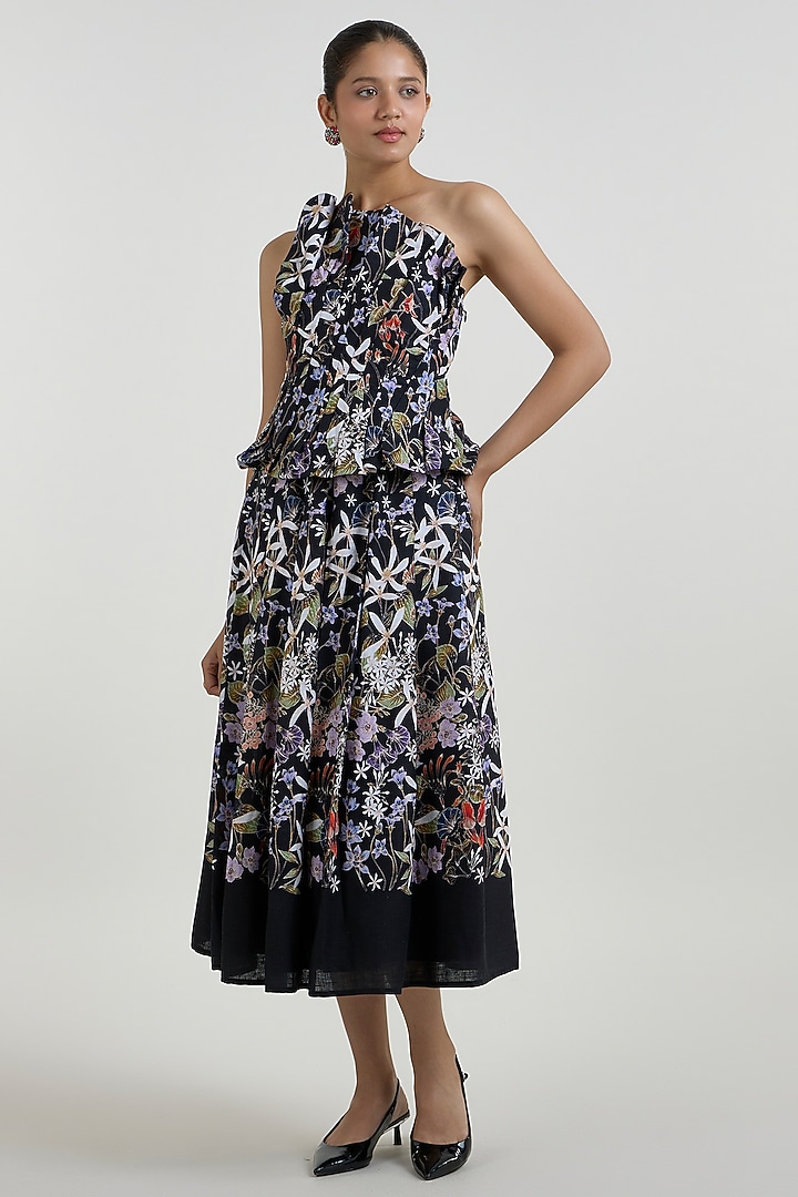 Black Linen Blend Printed Midi Skirt Set by Sobariko at Pernia's Pop Up Shop