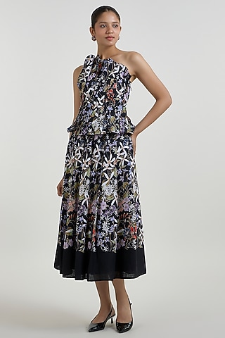 Black Linen Blend Printed Midi Skirt Set by Sobariko
