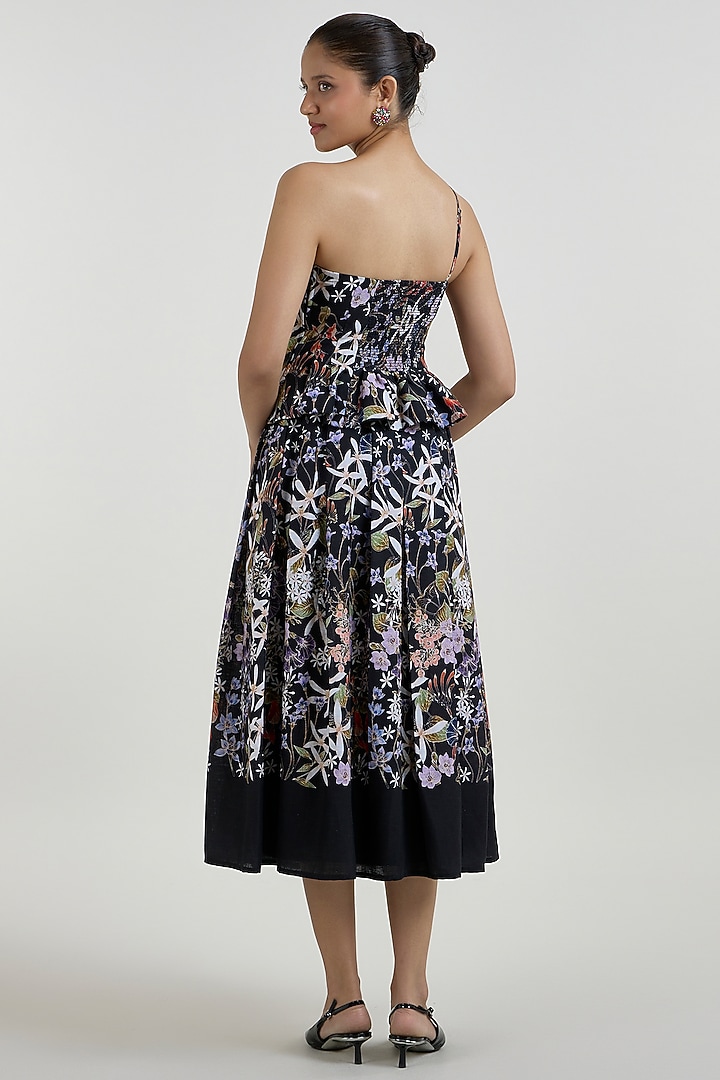 Black Linen Blend Printed Midi Skirt Set by Sobariko at Pernia's Pop Up Shop