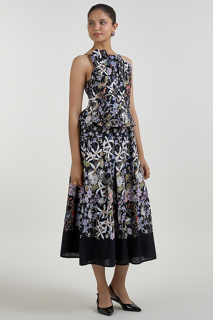 Black Linen Blend Printed Midi Skirt Set by Sobariko at Pernia's Pop Up Shop
