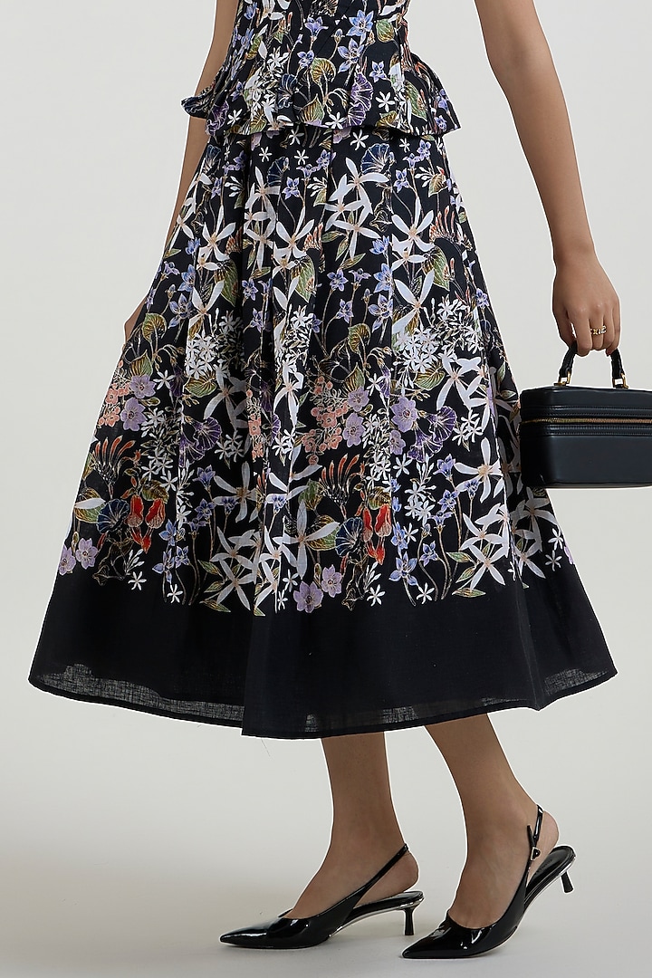 Black Linen Blend Printed Midi Skirt Set by Sobariko at Pernia's Pop Up Shop