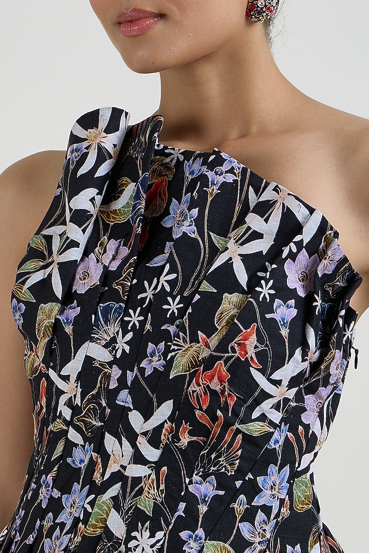 Black Linen Blend Printed Midi Skirt Set by Sobariko at Pernia's Pop Up Shop