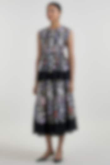 Black Linen Blend Floral Printed Midi Skirt Set by Sobariko at Pernia's Pop Up Shop