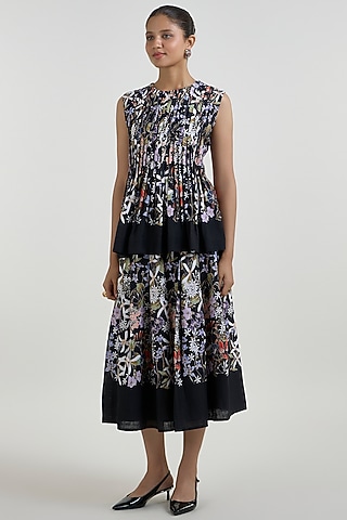 Black Linen Blend Floral Printed Midi Skirt Set by Sobariko