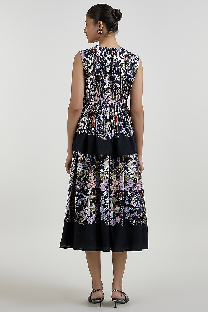 Black Linen Blend Floral Printed Midi Skirt Set by Sobariko at Pernia's Pop Up Shop
