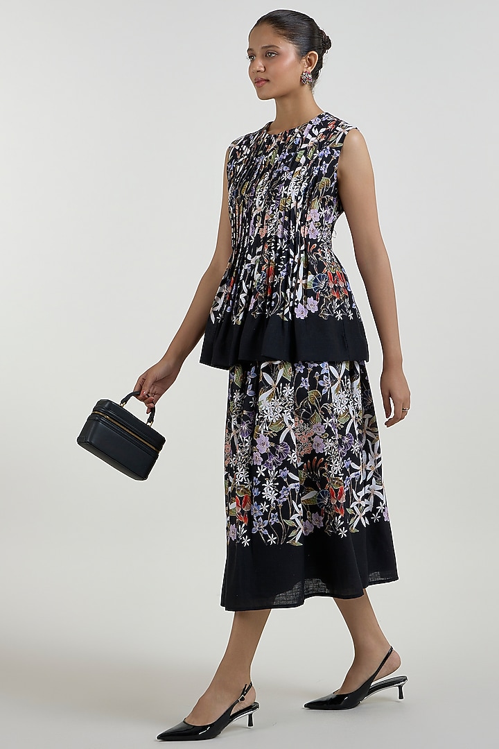 Black Linen Blend Floral Printed Midi Skirt Set by Sobariko at Pernia's Pop Up Shop