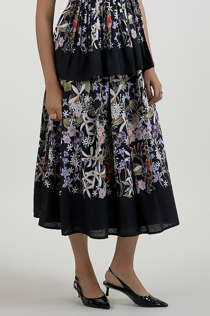 Black Linen Blend Floral Printed Midi Skirt Set by Sobariko at Pernia's Pop Up Shop
