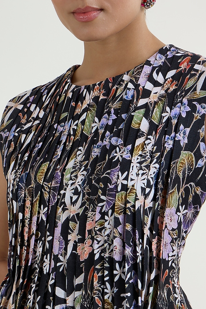 Black Linen Blend Floral Printed Midi Skirt Set by Sobariko at Pernia's Pop Up Shop