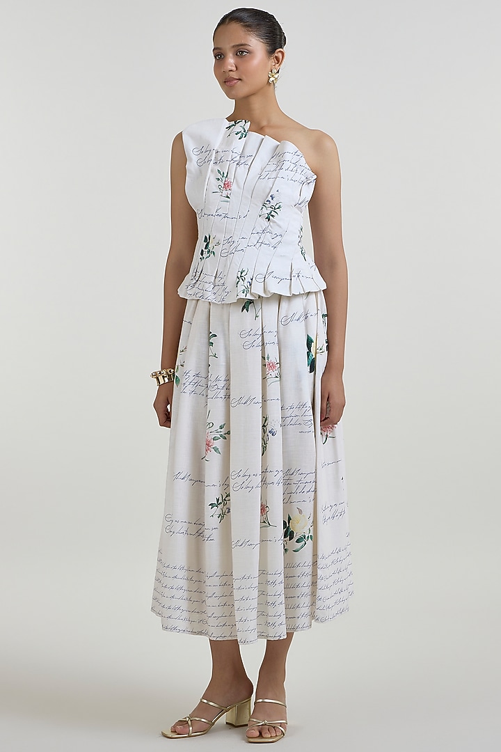 Ivory Linen Blend Printed Midi Skirt Set by Sobariko at Pernia's Pop Up Shop