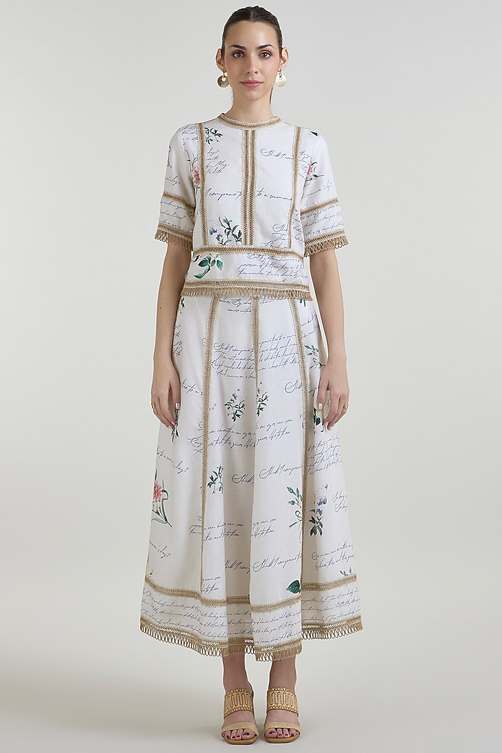 Ivory Linen Blend Printed Midi Skirt Set by Sobariko at Pernia's Pop Up Shop