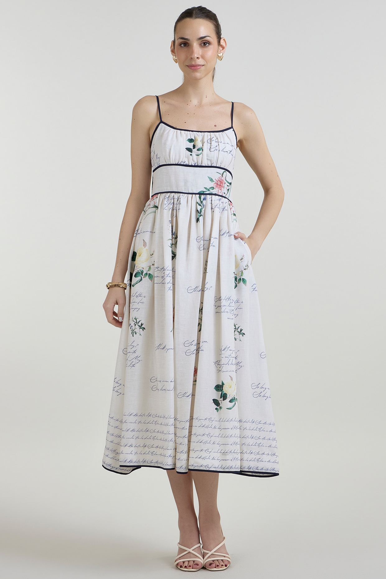 Sobariko Ivory Linen Blend Printed Tie-Up Midi Dress
