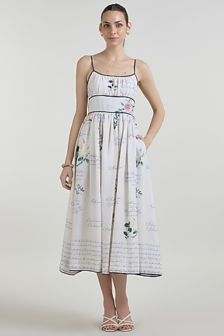 Ivory Linen Blend Printed Tie-Up Midi Dress by Sobariko