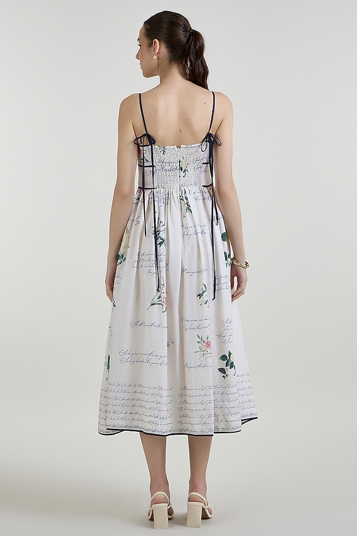 Ivory Linen Blend Printed Tie-Up Midi Vacation Dress by Sobariko at Pernia's Pop Up Shop