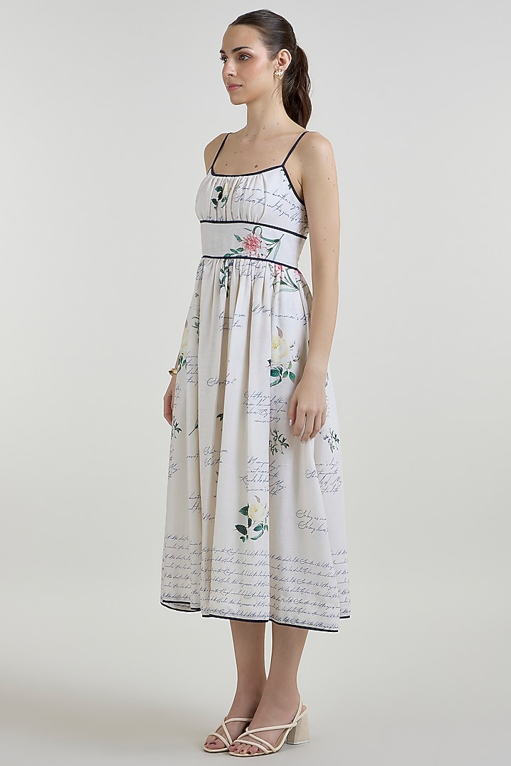 Ivory Linen Blend Printed Tie-Up Midi Vacation Dress by Sobariko at Pernia's Pop Up Shop